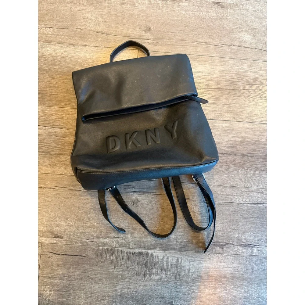 DKNY Black Faux Leather Foldover Roll Top‎ Backpack Flap Closure